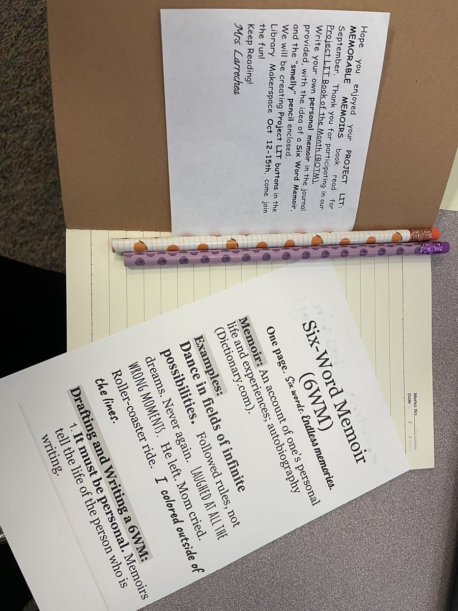 Larrecheareads's tweet photo. #FridayCelebration at #FMSLibrary I got my September @ProjectLITComm #memorablememoirs book swag out to the Ss that checked out any of our #BOTM! A writing journal, 6-word-memoir template/bookmark and 2 smelly pencils to write their own memoir. https://t.co/AEVQMrM45d