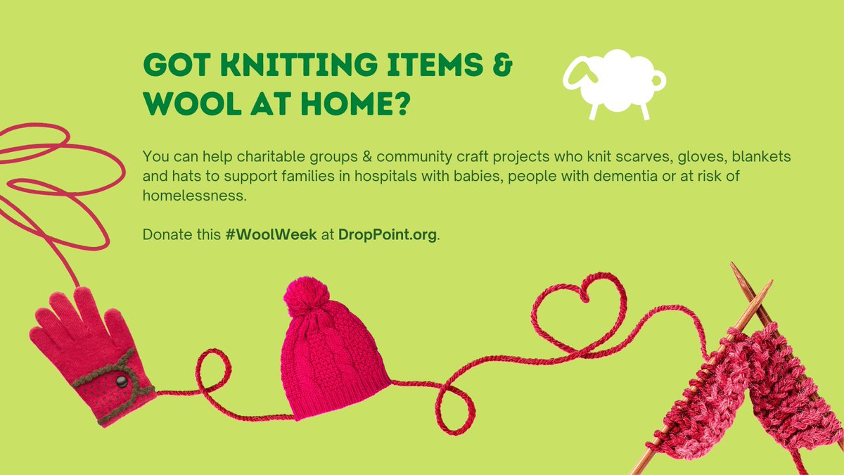 DropPointHQ's tweet image. This #WoolWeek you can help charitable groups &amp;amp; community craft projects who knit scarves, gloves, blankets and hats to support families in hospitals with babies, people with dementia or at risk of homelessness. #wool #knitting #homeless #families #babies #donate #charity #craft