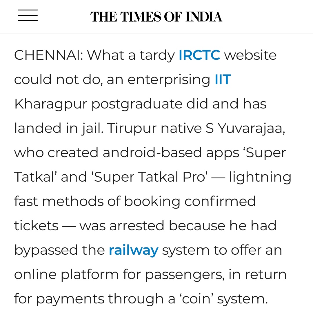 How fucking website <a href="/IRCTCofficial/">IRCTC</a> when Yuvarajaa made a app for easy reservation process , usko jail me daal diye .Kabad service india ki rakhe ho usne new invention kiya bhi.to ban kr diye.or slogan bnate ho #aatmanirbharbharat ka 😂😂
