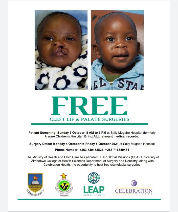 FREE Corrective surgery for cleft lip and cleft palate at Sally Mugabe Hospital 
 <a href="/hrecentralhosp/">Sally Mugabe Central Hospital</a> in Harare. #SDG3

 📌 this Sunday 3 October and Monday 4 October to Friday 8th October 2021.
<a href="/MoHCCZim/">Ministry of HealthZW</a> × <a href="/UZimbabwe/">UofZimbabwe</a>

Final push #KuGomo , Spread the word #WorldSmileDay