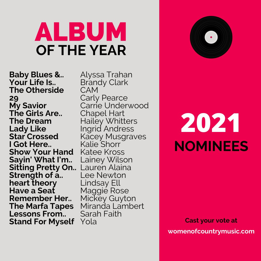 TheWomenCountry's tweet image. The Best of 2021 Album of the Year nominees are...

🗳VOTE: womenofcountrymusic.com