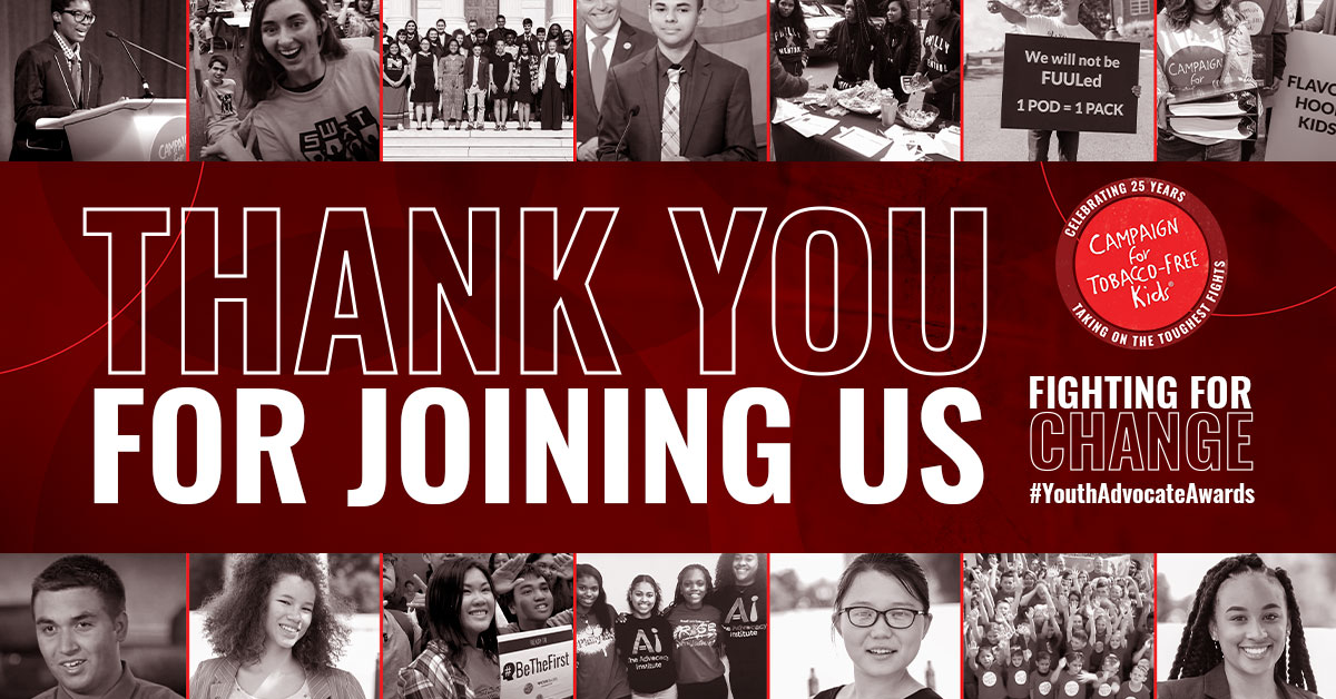 TobaccoFreeKids's tweet photo. Our 2021 Youth Advocates of the Year Awards show was truly wonderful—thank you to our incredible honorees and supporters! What an inspiring celebration of our 25 years of youth advocacy. #YouthAdvocateAwards #TFK25

Watch the full recording at https://t.co/nzkShPwSxO https://t.co/FFVurpFo05