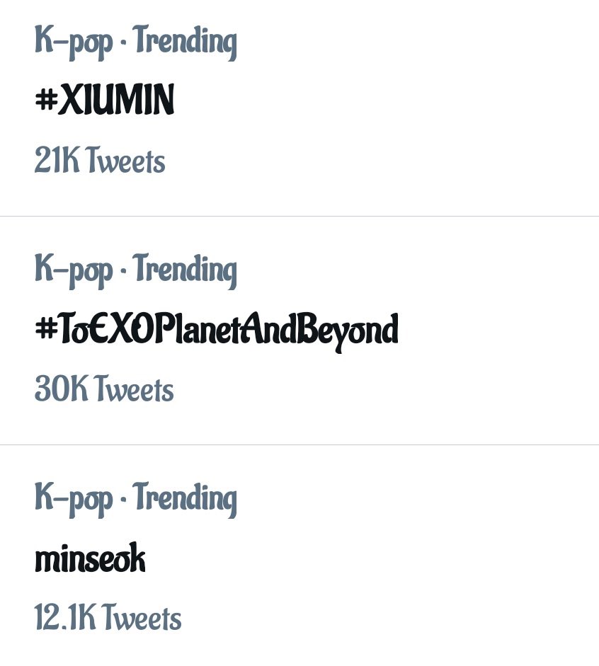 211002| هاشتاق اسم شيومين #.Xiumin و هاشتاق #.ToEXOPlanetAndBeyond كانا يتواجدان سابقاً  في ترند تويتر أسفل فئة 'Kpop'.

@weareoneEXO
-S