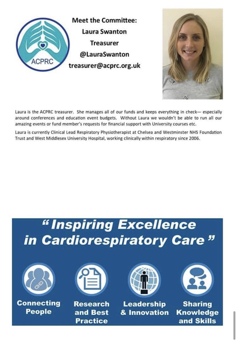 Congratulations to our clinical lead respiratory Physio @LauraSwanton @ChelwestFT @ChelwestEIC @chelwestICU being re-elected as @TheACPRC treasurer @JeremyNugent10