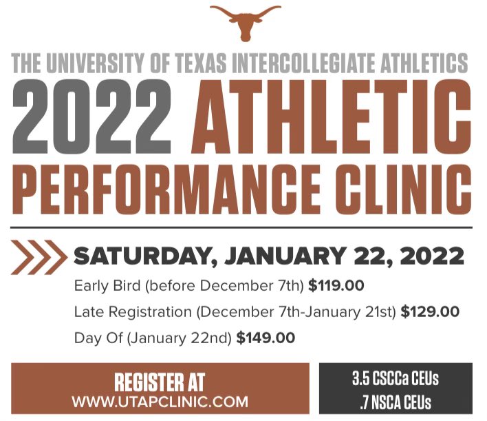 🎤 Athletic Performance Clinic
📅 Saturday, January 22nd
📍 DKR Stadium, Austin, TX
🔗 utapclinic.com