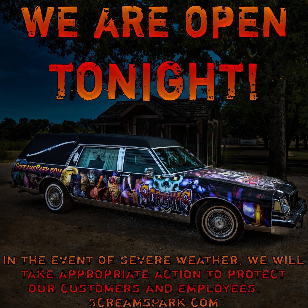 Screamspark's tweet photo. WE ARE OPEN TONIGHT! In the event of severe weather, Screams Halloween Theme Park will take appropriate action to protect our customers and employees. Follow us on Facebook, Instagram and Twitter for up to the minute information and updates each day of the season.
#ScreamsPark https://t.co/WyKdgO4Mi9