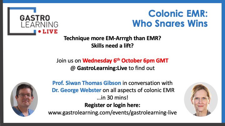 BREAKING from the polyp-bureau: an update on colonic EMR.

Join us next Wednesday 6PM for Colonic EMR: Who Snares Wins. The brilliant <a href="/SiwanTG/">Siwan</a> in conversation with <a href="/GWebster_endo/">George Webster</a> on how to lift your technique