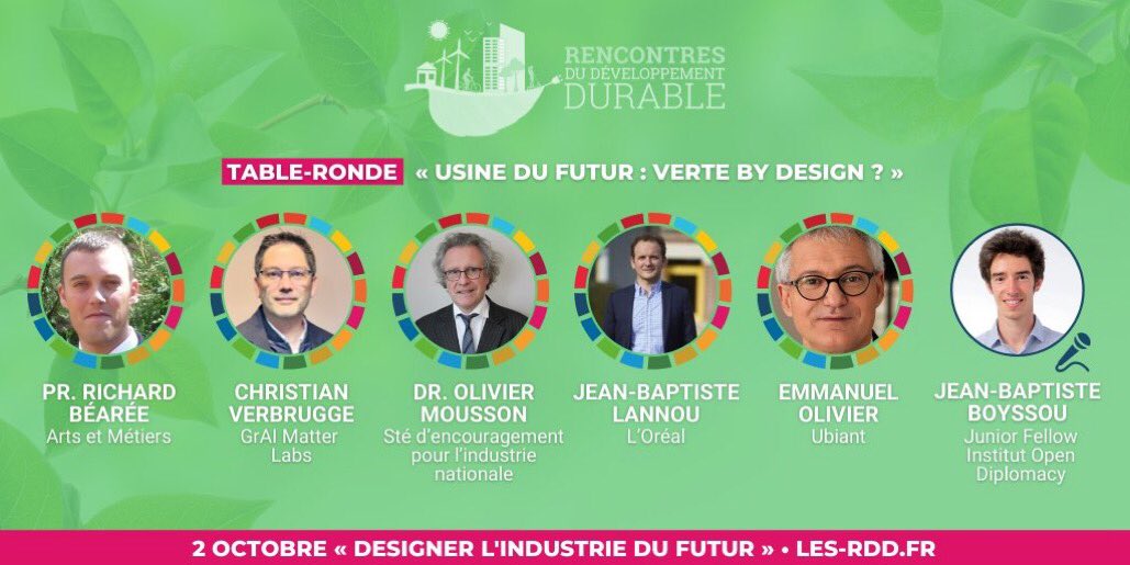 EN LIVE, le 02/10 à 9h sur les-rdd.fr : Les Rencontres du Développement Durable sur le thème «DESIGNER L’INDUSTRIE DU FUTUR», à 9h35, table-ronde «Usine du futur : verte by design ?» avec participation d’ <a href="/EmmanuelOlivier/">Emmanuel Olivier</a> <a href="/ubiant/">ubiant</a>. #RDD2021 <a href="/opendiplo/">Institut Open Diplomacy</a> <a href="/ArtsetMetiers_/">Arts et Métiers - ENSAM</a>