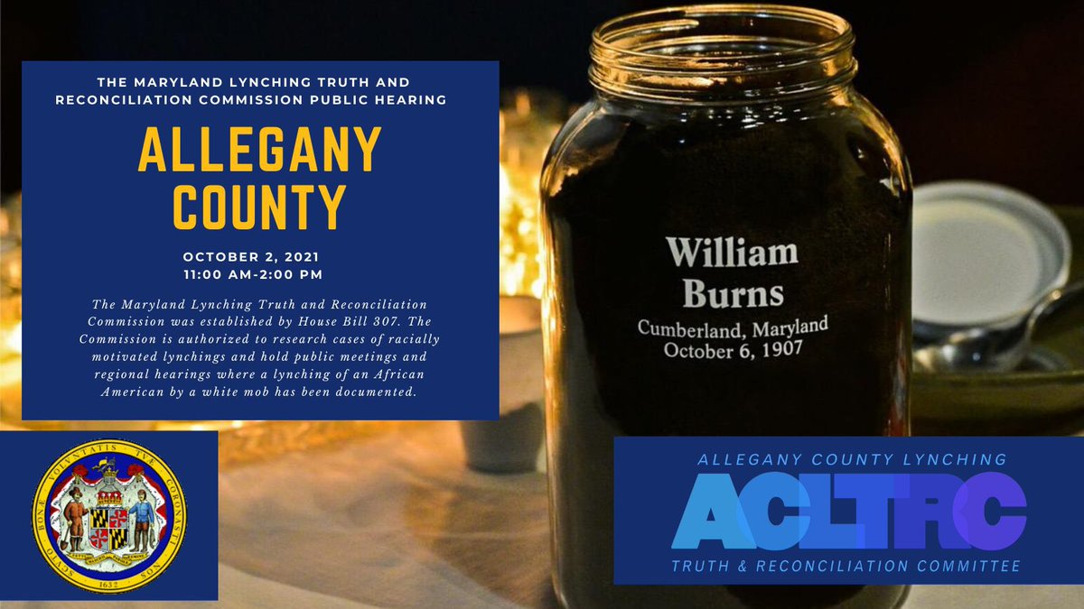 Tomorrow, please join the Maryland Lynching Truth and Reconciliation Commission for its first public hearing in Allegany County. The Commission will hear the story of Robert Hughes aka William Burns. Live stream begins at 11am
youtube.com/watch?v=9Mh9ZV…
