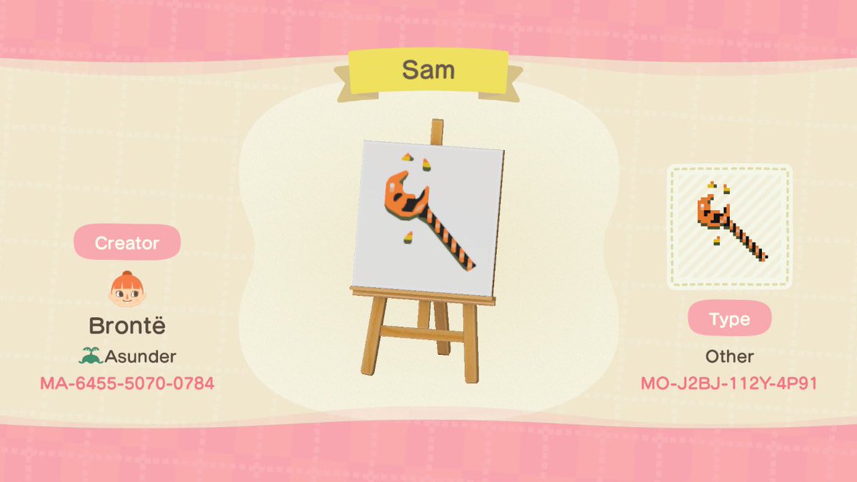 asundercrossing's tweet photo. Happy October 🎃 I made a Sam Lolli from Trick’r’Treat to celebrate 🧡 #acnh #AnimalCrossingDesigns https://t.co/nswCN5wjov