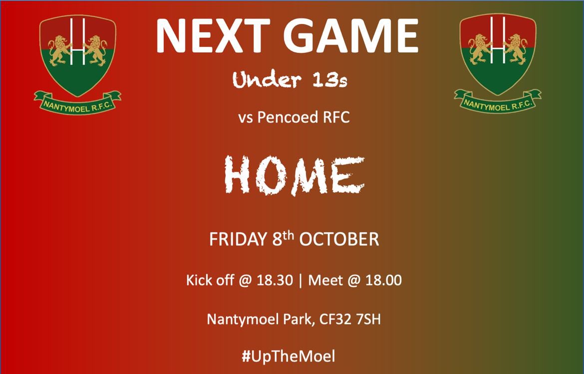 Minimoelers's tweet photo. Next Friday 10th October will see our under 13’s play a home fixture v @pencoedrugbyU7s @Pencoedmandj @pencoedrfc @NantymoelR @CCYD_Rugby kick off will be 6:30pm https://t.co/TNZHsBXlr8