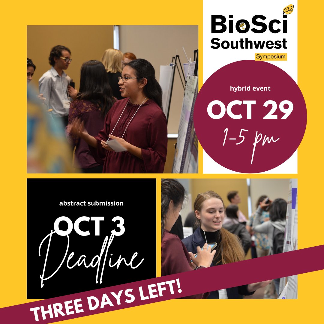 Final call for BioSci Southwest abstract submissions! 

Polish your work over the weekend and complete the form before it closes. 

The final day to submit is Oct 3rd. 

links.asu.edu/BioSciSW

#nextgen #scientists #biology #research #SOLUR