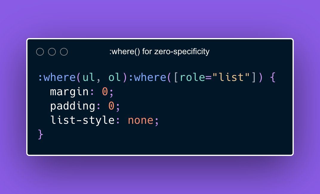 Stephanie Eckles on Twitter: "🟣 CSS Quick Tip :where() is a unique modern CSS selector because it is always zero specificity. That means we can use it to set sensible defaults that Stephanie Eckles on Twitter: "🟣 CSS Quick Tip :where() is a unique modern CSS selector because it is always zero specificity. That means we can use it to set sensible defaults that