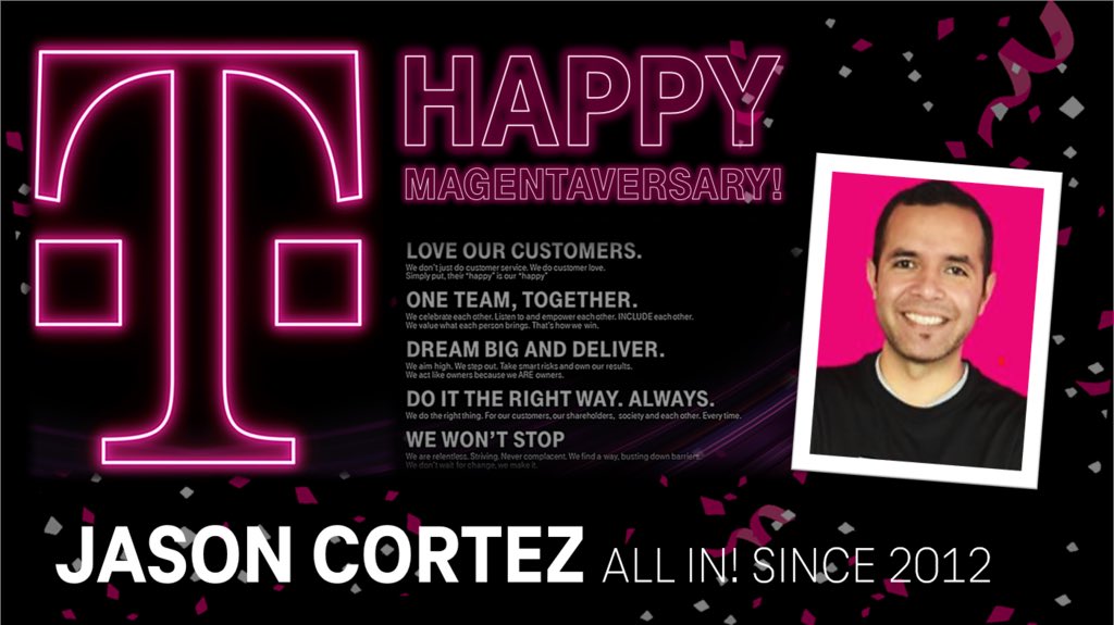 Wishing @jcorte05 the happiest Magentaversary! Today we get to celebrate 9 years of being All In! AND Jason joining the team, supporting Southeast and South Central in SMRA. Congrats and welcome, Jason!!! So excited to have you on the team! 🎉🎉🎉