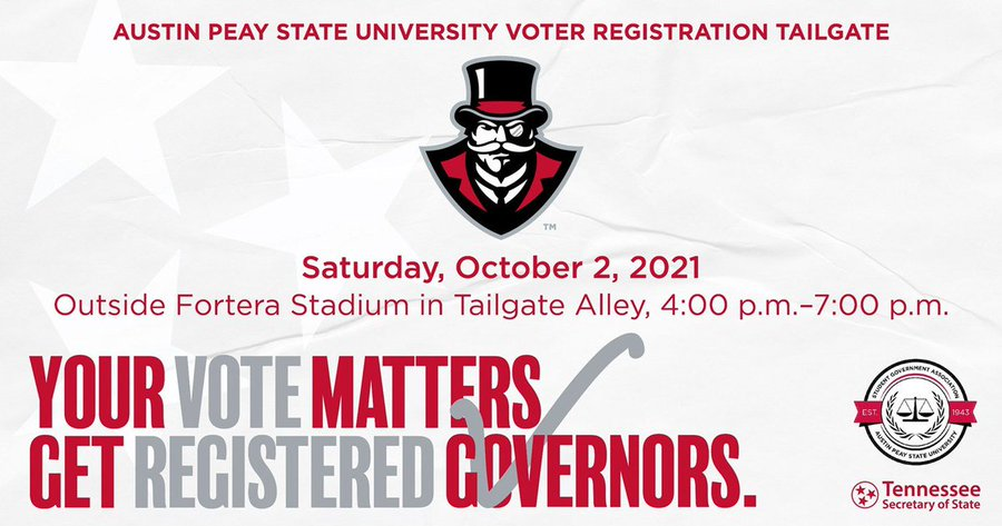 apsusga's tweet photo. 🤍❤️GAME DAYYYY!  Find us at AP day ...and at the tailgate 4-7 pm!!🏈🎩 #letsgopeay #apsu #govsgovote https://t.co/LErXhGhXuJ