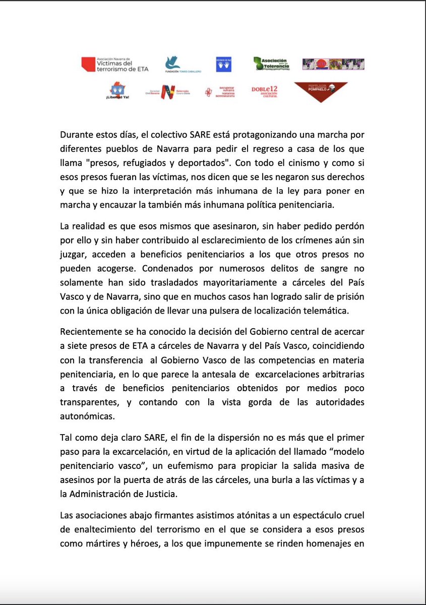APompaelo's tweet photo. Comunicado de prensa de las asociaciones en #Berriozar ante la marcha de Sare: ya basta de tratar a los verdugos como víctimas. @ANVITE_NAVARRA @FundaTOMASCABAL @vecinosdepaz @Tolerancia1992 @patxi_mendiburu @SocNavarra @RecuperarNavarr @culturalDOBLE12 https://t.co/7L6W2tcqTx
