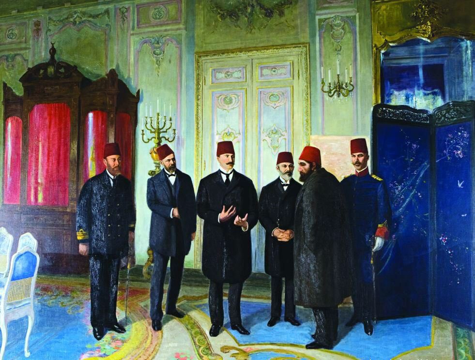 السلطان عبدالحميد الثاني يستقبل الوفد الذي جاء يبلغه قرار خلعه عن العرش في ابريل ١٩٠٩م.