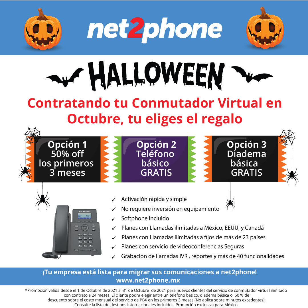 En octubre, el mes de Halloween, tenemos una promoción muy especial. Contratando nuestro servicio de conmutador virtual, tu eliges el regalo!

Más información: net2phone.mx

#PBX #Promoción #Halloween #nube #UCaaS