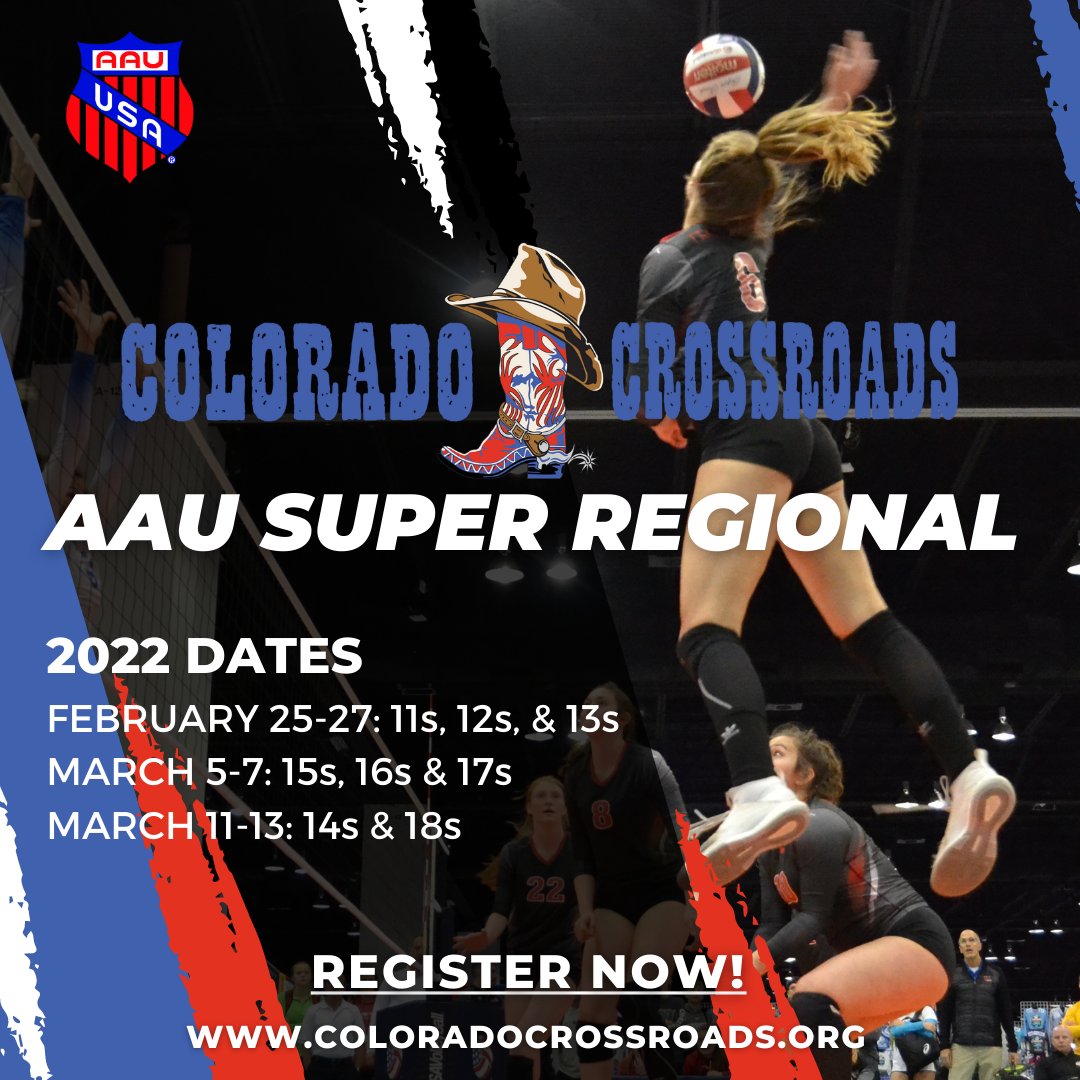 Crossroads is excited to announce our new partnership with AAU as a Super Regional tournament in 2022.

We have been working on expanding the Colorado Crossroads experience for our broader volleyball community in new and exciting ways.

We look forward to seeing you in Denver!