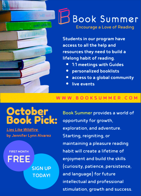 readbooksummer's tweet photo. Happy October!!! Check out this month's book pick, Lies Like Wildfire by Jennifer Lynn Alvarez 
https://t.co/jlk30AjUhh

#BookSummer #OnlineReadingProgram #ReadingCommunity #KidsReadingProgram https://t.co/Ze8dT0S2sD