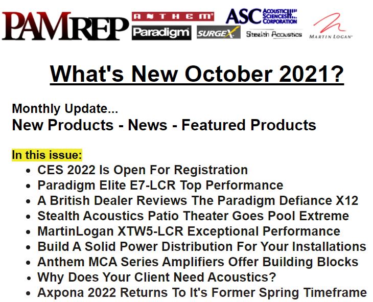 PAMrep's tweet image. The October 2021 @PAMrep News is available to read now! conta.cc/39TmY6t #Anthem #AcousticSciencesCorporation #MartinLogan #Paradigm #StealthAcoustics #SurgeX #PAMrep #Audio #audiophile