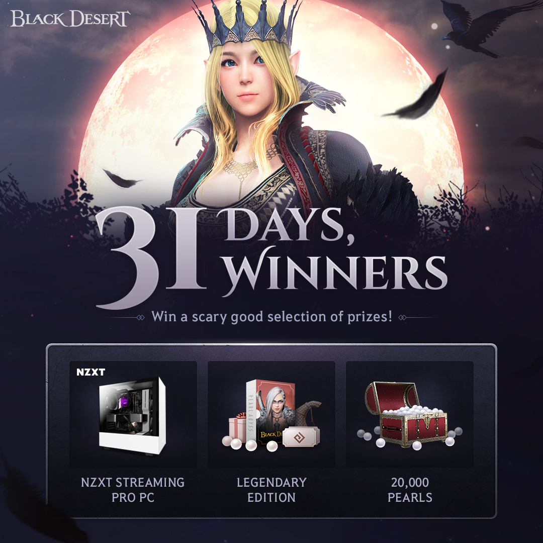 NewsBlackDesert's tweet photo. 🎃 31 DAYS, 31 PRIZES 🎃

Will you be the winner of a brand-new gaming PC? 🤩

Enter our October #BDOGiveaway for a chance to win #BlackDesertOnline Legendary Edition, 20,000 Pearls, AND a Streaming Pro PC provided by @NZXT ($2299 value!)

👇 Enter Now! 👇
https://t.co/he2WcqESHc https://t.co/TYhqfY5Efk