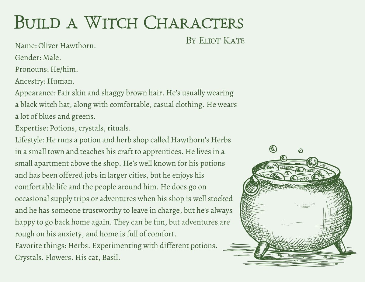 eliotthecrow's tweet photo. Meet Oliver! He's one of the pre-made characters in #BuildaWitch, my character creation pack. Link below!
Also, after I wrote the description, I thought it sounded like @matthewmercer and now I just picture him as Matt in a witch hat with a cozy little potion shop and I love it. https://t.co/SPyEJkhfYJ