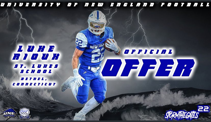 rioux_luke's tweet photo. After a great conversation with @CoachLichten, I’m humbled and excited to announce that I’ve receive my first offer to play at the University of New England! @CoachJohnsonOL @SLStormFootball https://t.co/DAAxHzQYJr