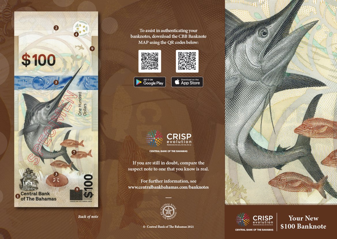 CentralbankBS1's tweet photo. Learn more about your new CRISP Evolution $100 in our explanatory leaflet. (The PDF is available for download at https://t.co/XGtuW6OB6W)

#CRISPEvolution #banknotes https://t.co/gv4JKPDbup