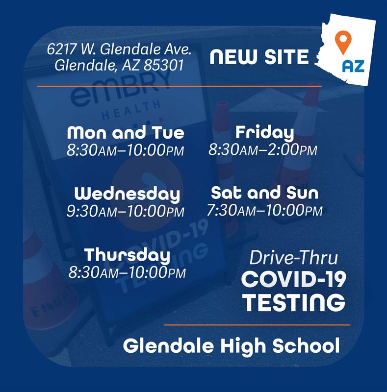 EmbryHealth's tweet photo. Opening tomorrow! COVID-19 Testing at Glendale High School!
We look forward to serving you!
#glendalaz #arizona #drivethrutesting https://t.co/8MTAoBX2jW