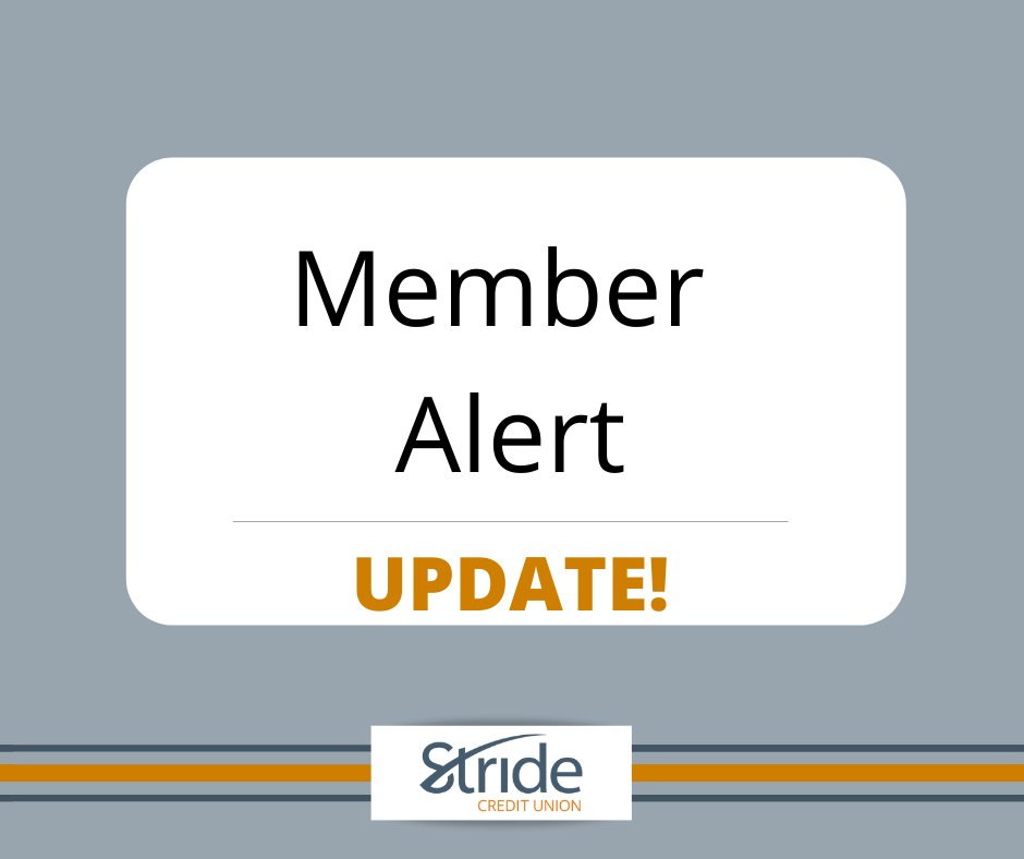 Due to a server issue, all branches will be closing today at 3pm. Online services will remain available. Thank you for your patience. We look forward to serving you when we re-open Monday, Oct 4 at 9am.
#StrideCU