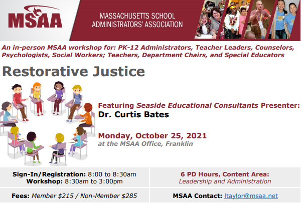 MSAA_33's tweet photo. MSAA PD Offering - October 25, 2021

Restorative Justice presented by Dr. Curtis Bates @SeasideEDC

Click here to register, https://t.co/zJUqJLzJ9y

@bwittcoff @MikeCmssaa @jvincentsen @MIAA033 @KBrouillard12 https://t.co/jIbUKEBAnG