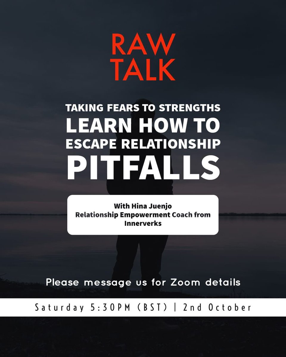 raw_is_talk's tweet photo. Taking fears to strengths, learn how to escape relationship pitfalls.

Join us for a RAWTALK SPECIALwith @HRhinajunejo - Relationship Empowerment Coach from Innerverks

 📅  Saturday 2nd October
 🕓  5:30pm (UK time)
 🎦 https://t.co/hXZpaCBaEk
Password: 123456 https://t.co/um4Ymcqcpz