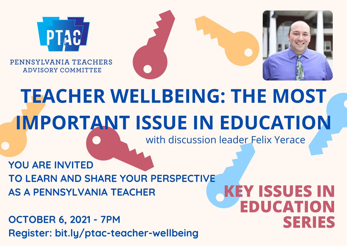 Students &amp; schools can't be healthy if our teachers aren't well. Teacher wellbeing is the most important issue in education. Join us Wed. Oct 6 at 7PM to learn from <a href="/FelixYerace/">Felix Yerace</a> &amp; to share your perspectives as a PA teacher on this critical topic

Register: bit.ly/ptac-teacher-w…