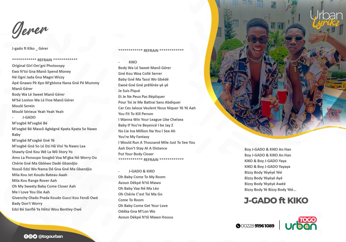 TogoUrban's tweet photo. c'est le week-end! On va gérer
Retrouvez ci-joint le lyrics de #gerer
Original Girl Om'gni Photocopy
Ewo N'tsi Gna Manô Spend Money
Né Ogni Jada Gna Magni Wizzy
Apé Gnawo Pè Kpo M'gblona Nana Gné Pé Mummy
Manô Gérer...👇🏽
https://t.co/b0n0zDthXl
#TgTwittos #Jgado #Kiko https://t.co/ZOXNxQVKXS