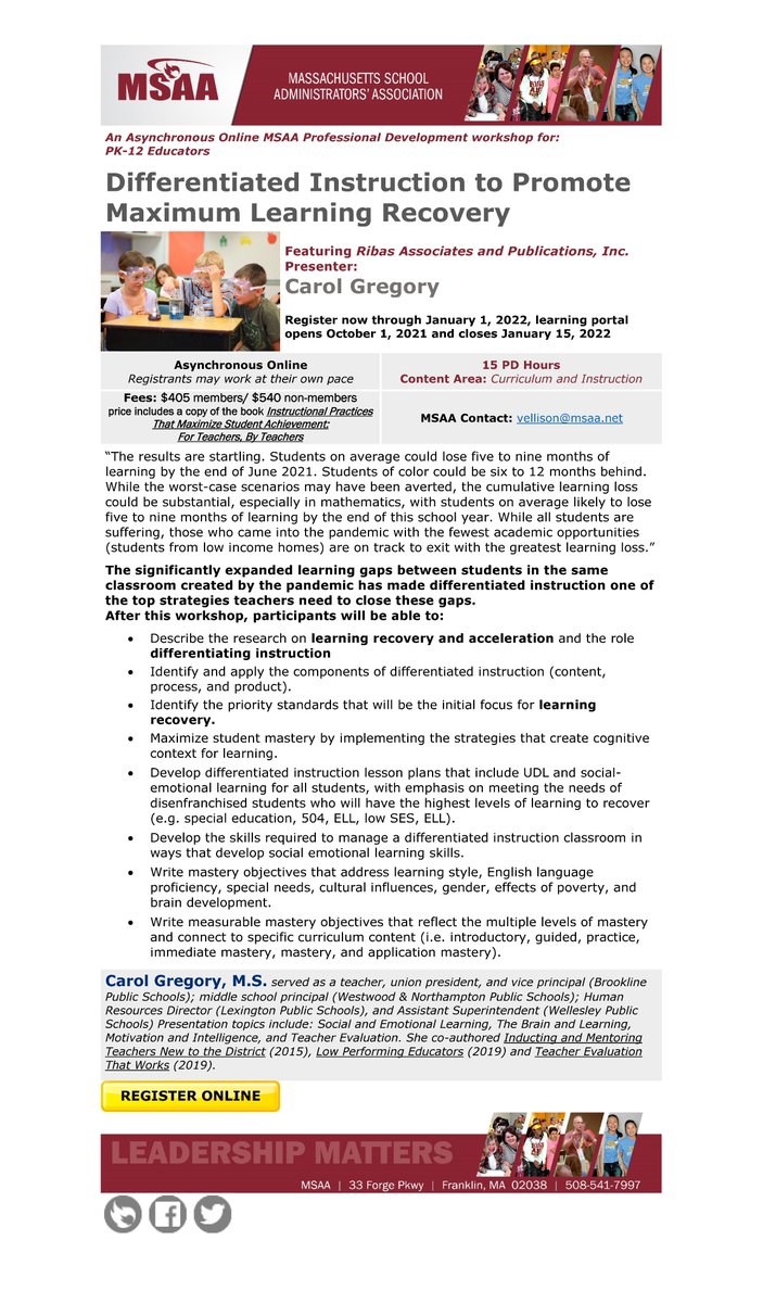 MSAA_33's tweet photo. MSAA Asynchronous Online PD workshop "Differentiated Instruction to Promote Maximum Learning Recovery," with Carol Gregory offers 15 PD Hours. Work at your own pace! Learning portals open today, Oct 1, and close Jan 15. https://t.co/7hzwtCudfN https://t.co/vcbxj0w9l0