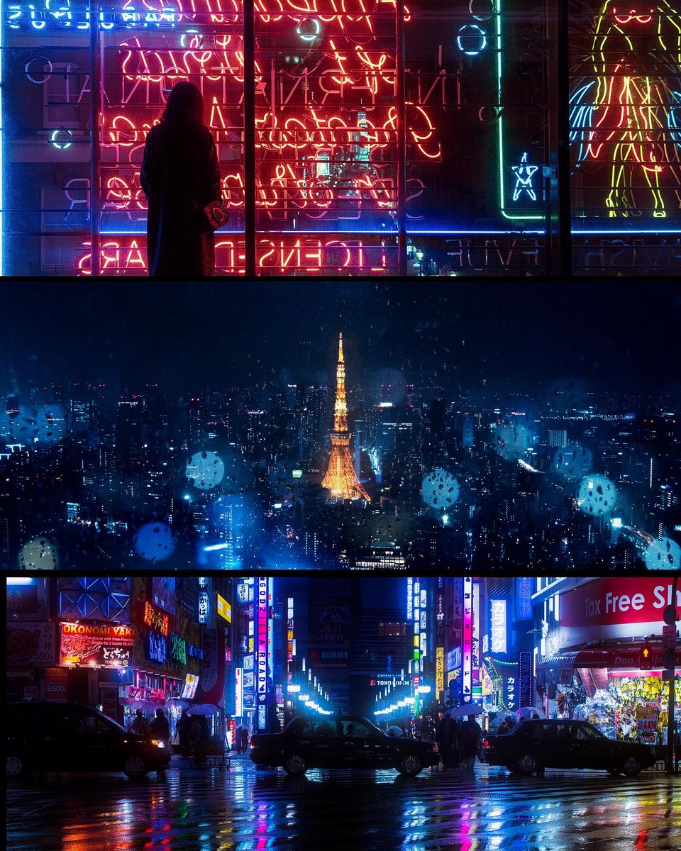 Three frames. The first is a woman in front of a neon sign. The second is a cityscape photo of Tokyo tower in the rain. The third is a taxi in Shinjuku, Tokyo's red light district.
