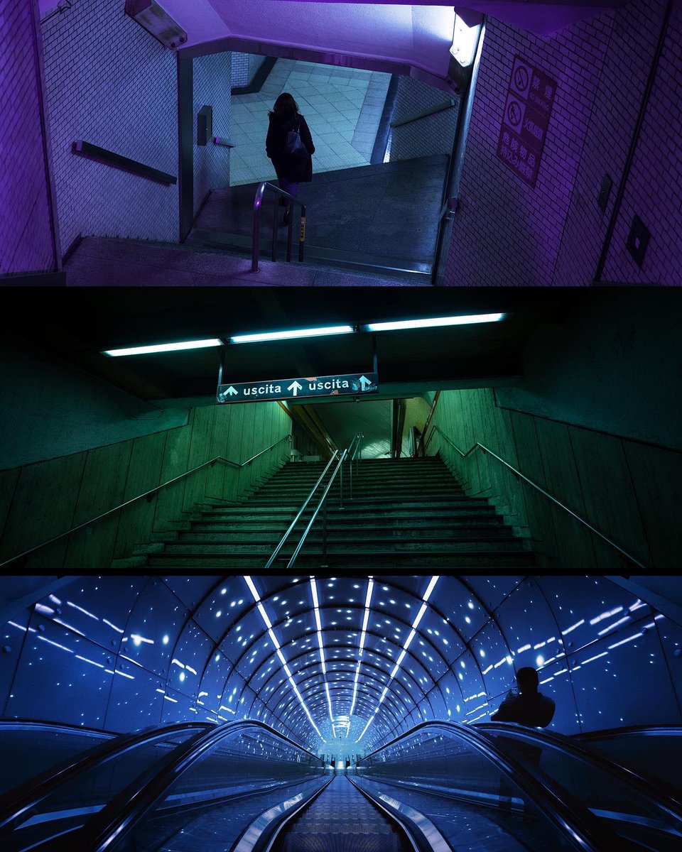 Photographs of Subways. The first is Tokyo a woman walking through a tunnel, it's purple and blue in color. The second is an empty station in Rome it's green in color. The third is a modern looking tunnel lit up in Warsaw, it's blue in color.