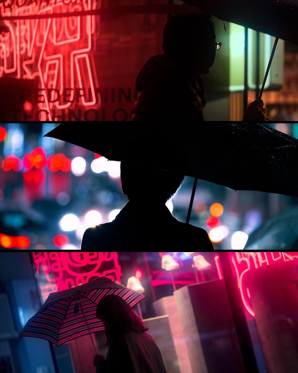 Photography by Liam Wong. Three silhouettes holding umbrellas back lit by neon. color.