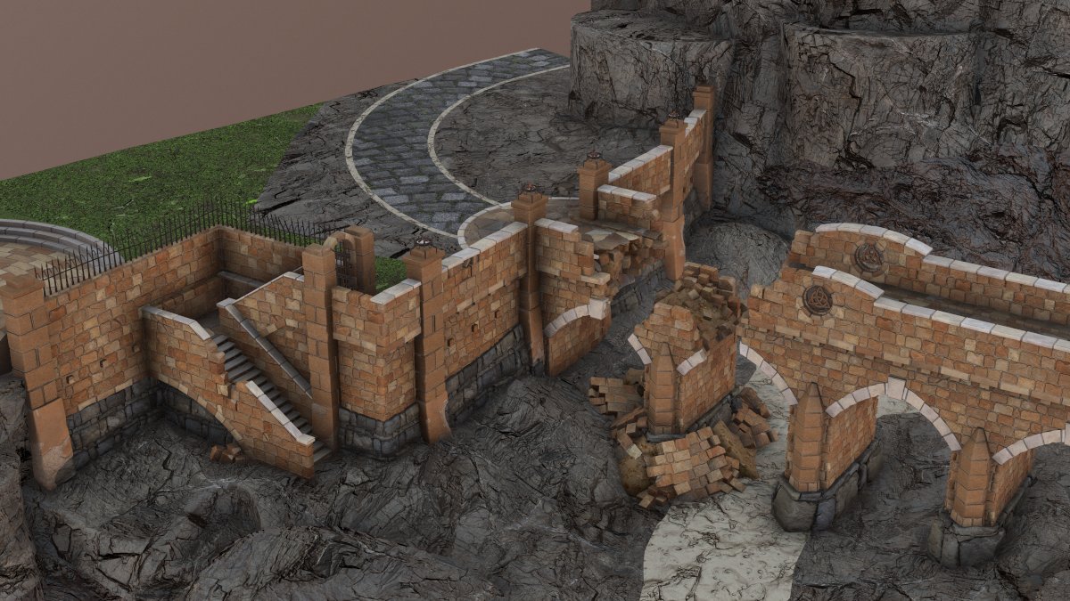 CalabroFernando's tweet photo. Onward to the next section! 

Last week's bridge/walls are now properly integrated to the fortification, follow the contours of the terrain and have wrecked parts with a lots of debris to add some visual flair. Also, new simple building to bulk it up a little! https://t.co/vHVeMs8A4X