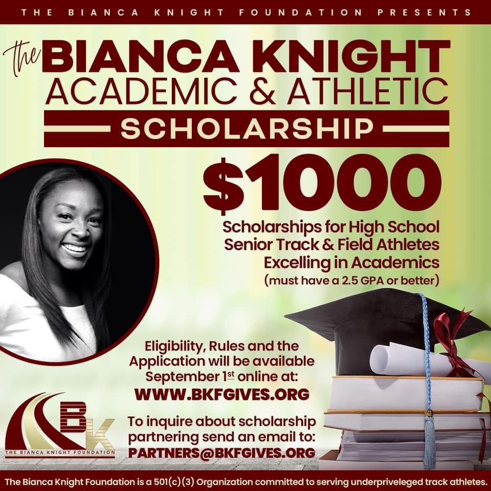 Coaches, make sure your senior track and field athletes apply! bkfgives.org #BKFGives #BiancaKnightOLY #BKScholarship #StudentAthlete