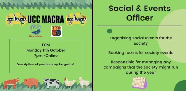 uccmacra's tweet photo. Come and Join Us!!!!

Here’s a description of all the available positions at our upcoming EGM!

Please reach out with any questions!!

#uccmacra #macranafeirme https://t.co/Kig94qZMWY