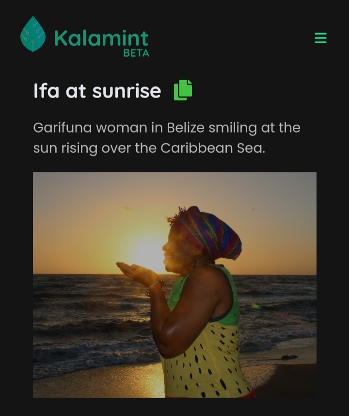 BelizeLibrarian's tweet photo. Minted my first #NFT - https://t.co/H9nTCzmpaN
It's a photo of #Garifuna journalist, educator, activist, creator, #IfasinaEfunyemi. This is the first image in a #Belizeat40 collection. #Belize #GarifunaTwitter #Blackjoy #CaribbeanSea https://t.co/j1Y0Gf0uK2