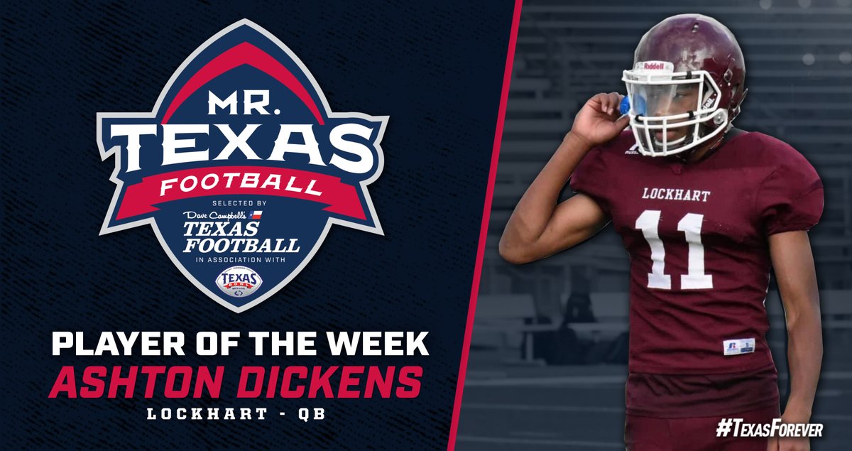 Mr. Texas Football (@mrtexasfootball) on Twitter photo Congratulations to our Week 5 <a href="/TexasBowl/">Kinder's Texas Bowl</a> Mr. Texas Football Player of the Week, QB Ashton Dickens of Lockhart High School! #txhsfb Congratulations to our Week 5 <a href="/TexasBowl/">Kinder's Texas Bowl</a> Mr. Texas Football Player of the Week, QB Ashton Dickens of Lockhart High School! #txhsfb