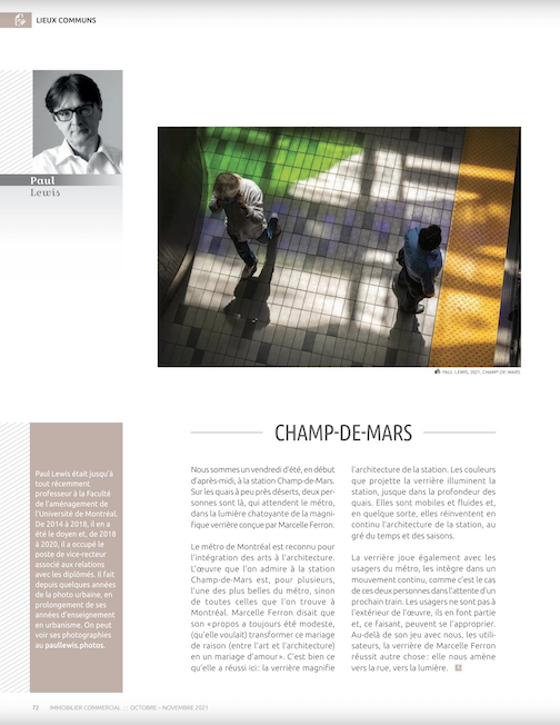 Ma plus récente contribution au Magazine Immobilier Commercial, toujours sur le thème des lieux communs. 

Cette fois-ci, la magnifique verrière de la station de métro Champ-de-Mars. 

Page 72 
e.issuu.com/embed.html?d=m…