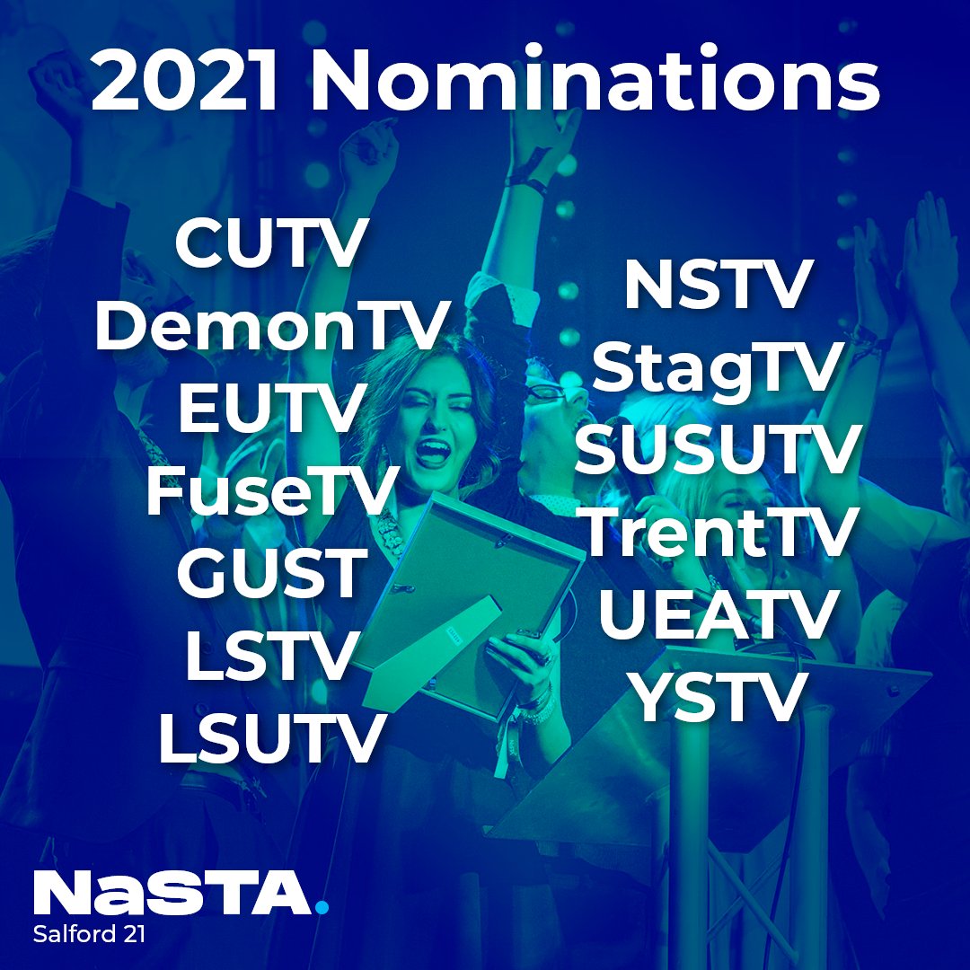 YOUR 2021 NOMINEES INCLUDE: @Cardiffunitv <a href="/Demon_TV/">Demon Digital</a> <a href="/EdUni_TV/">EUTV</a> <a href="/fusetvuom/">Fuse TV</a> <a href="/gusttv/">GUST</a> @LeedsStudentTV @lsutvonline <a href="/nstvofficial/">NSTV</a> <a href="/StagTVSurrey/">StagTV</a> <a href="/SURGEtvUK/">SURGEtv</a> <a href="/trenttvuk/">TRENT TV</a> <a href="/UEATV/">UEA TV</a> <a href="/ystv/">York Student Television</a> 

As a payday treat, here are some of the stations up for 1 or more awards at NaSTA 2021! <a href="/NaSTAuk/">NaSTA</a>