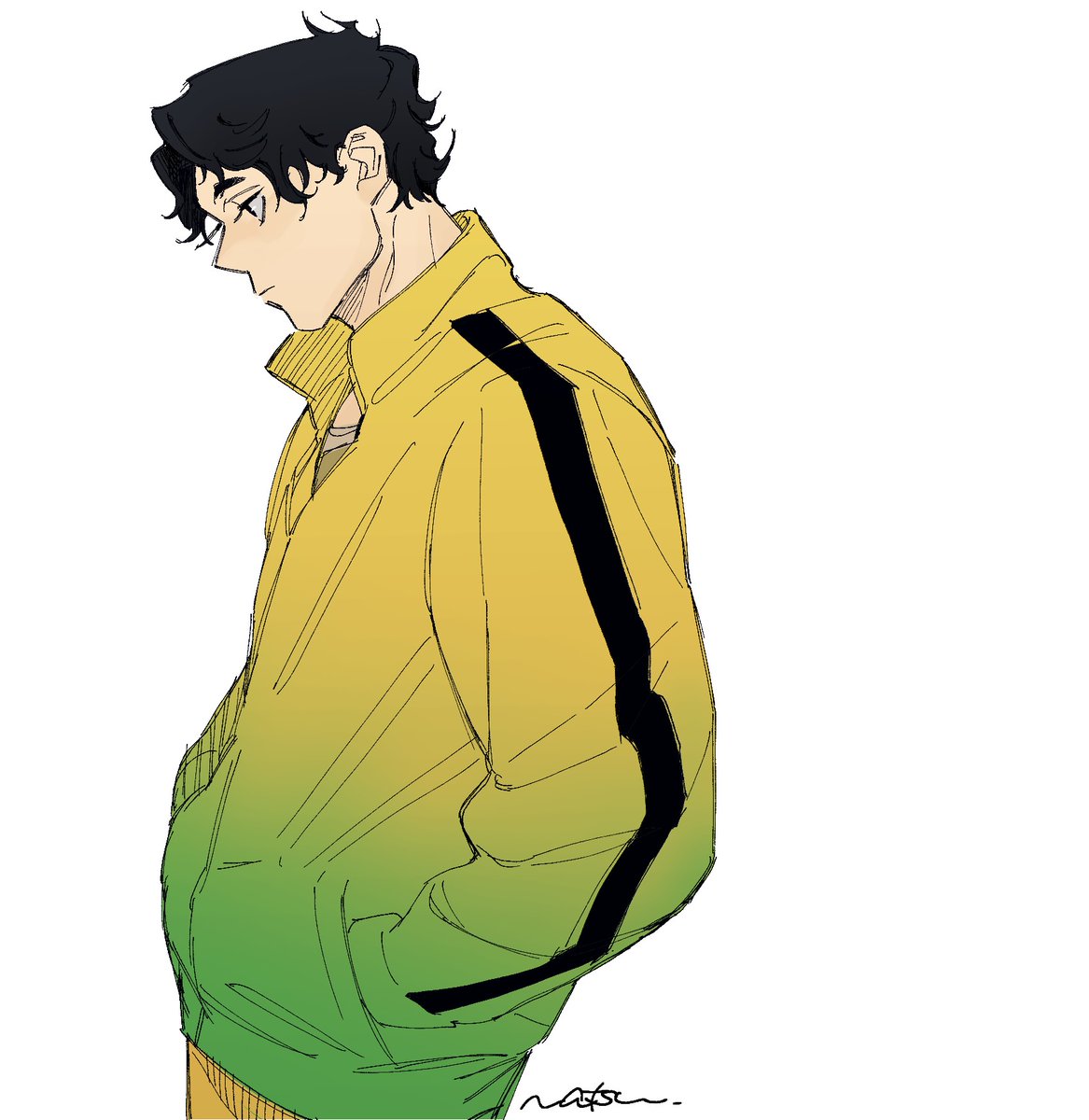 1boy male focus solo black hair jacket white background hands in pockets  illustration images