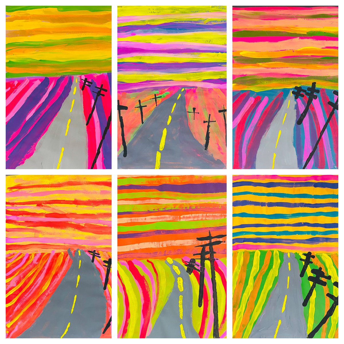 Creating SPACE. Horizon Line, Vanishing Point, Perspective…
These 3rd grade beauties were inspired by NYS artist, @GrantHaffner 
#artatthepark
#3rdgrade
#youknighted