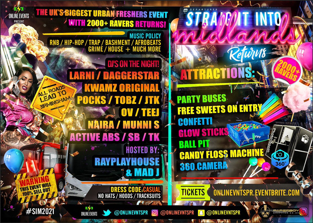 onlineventspr's tweet photo. The FRESHERS FINALE Returns🤪

MIDLANDS BIGGEST URBAN PARTY😝

⁃15+ UNIS🥳
⁃2000+ RAVERS🕺
⁃3 SUPERB ARENAS🥵
⁃PARTY BUSSES 🚎
⁃*ALL STAR DJ LINE-UP*🤩

#SIM2021 #freshers2021

🚨FINAL TICKETS REMAINING🚨

🎫 - https://t.co/XZSWL98SNm https://t.co/n0s2zf0qOg