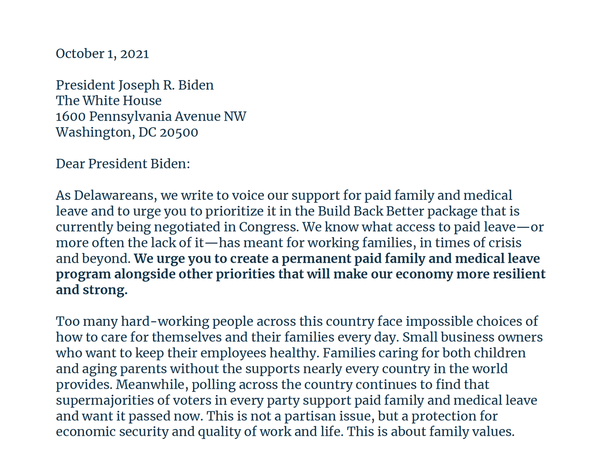 delawarecares's tweet photo. Just now over 50+ Delaware organizations representing thousands across the First State sent a letter to @POTUS urging him to prioritize #PaidLeaveForAll in the Build Back Better package.

President Biden, Delawareans need paid leave now more than ever. We're ready to get it done. https://t.co/LIVMfHo6yL